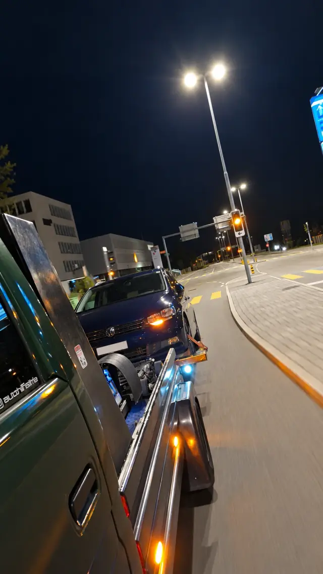 Nächtlicher Abtransport eines anonymisierten Personenwagens durch Autohilfe MILA
